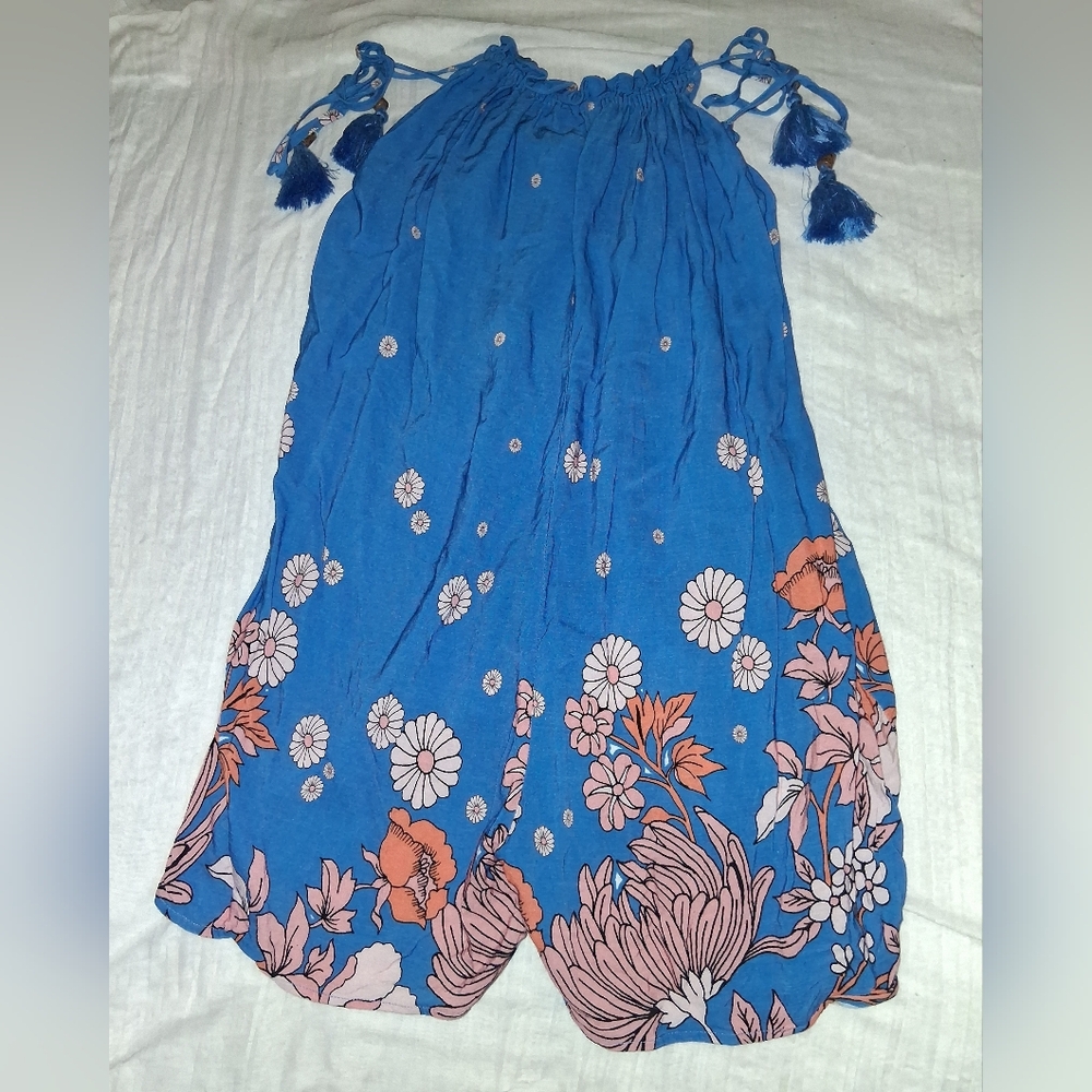 Floral Blue Romper with Tassel Accents